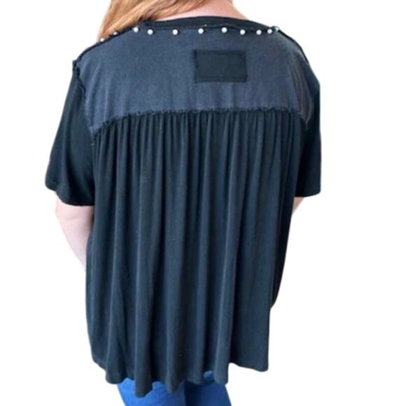 Pol Oversized Pearl Detail Ribbed Top Frayed Edge Twill Size S Bohemian Indie - Picture 2 of 9